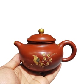 Antique Chinese Gilt Gold Yixing Zisha Plum Flower & Magpie Teapot