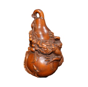 Vintage Chinese Boxwood Wood Carved Fortune Dragon Gourd Statue