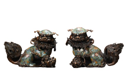 A Pair Vintage Chinese Copper Cloisonne Fortune Lion Statues