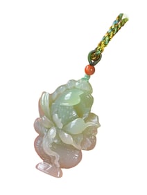Chinese Natural Hetian Jade Carved Flower Pendant w Hand Woven Necklace