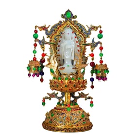 Exquisite Chinese Hetian Jade Kwan-yin Statue w Gold Wires Enamel Inlay Gem Base