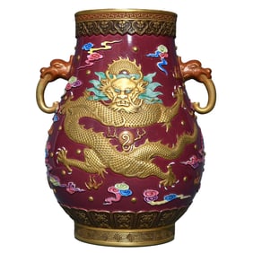 Chinese Qing Dynasty Gilt Gold Rouge Red Glaze Famille Rose Fortune Dragon Design Porcelain Vase