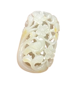 Superb Chinese White Hetian Jade Carved Plum Flower & Magpie Pendant