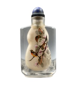 Old Chinese Peking Glass Inside Painting Flower Bird Design Snuff Bottle w Stopper