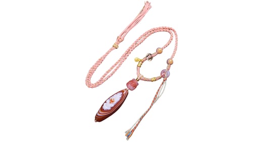 Old Tibetan DZI Agate Lucky Pendant w Hand Woven Necklace