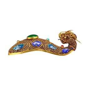 Vintage Chinese Gold Wire Enamel Inlay Gem Dragon Head Belt Buckle