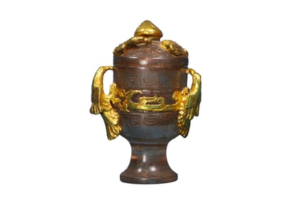 Old Chinese Gilt Gold Peking Glass Double Ears Cup