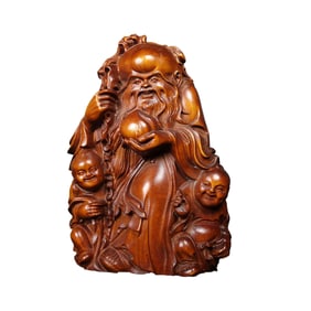 Chinese Boxwood Wood Carved Longevity Taoism Deity Statue