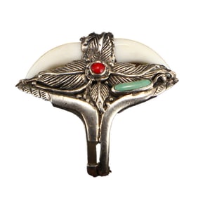 Chinese Pure Silver Inlay Turquoise & Coral Men's Ring Adjustable Size