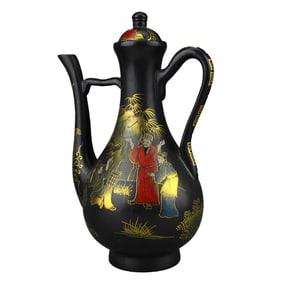 Vintage Chinese Gilt Gold Black Lacquerware Wine Pot