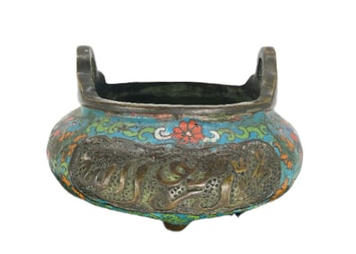 Vintage Chinese Bronze Cloisonne 3 Leg Incense Burner