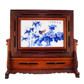 Vintage Chinese Zitan Inlay Blue And White Porcelain Flowers Bird Design Screen