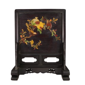 Antique Chinese Zitan Wood Inlay Shoushan Stone Pomegranate & Bird Screen