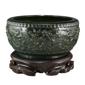 Chinese Green Hetian Jade Low Relife Nine Dragon Brush Washer w Certificate