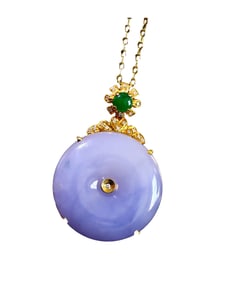 Beautiful 18K Gold Inlay Purple Jadeite Lucky Round Pendant w Necklace