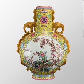 Chinese Gilt Gold Yellow Ground Famille Rose Porcelain Phoenix Vase