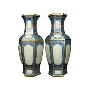 A Pair Superb Old Chinese Gilt Gold Copper Cloisonne Inlay Hetian Jade Vases