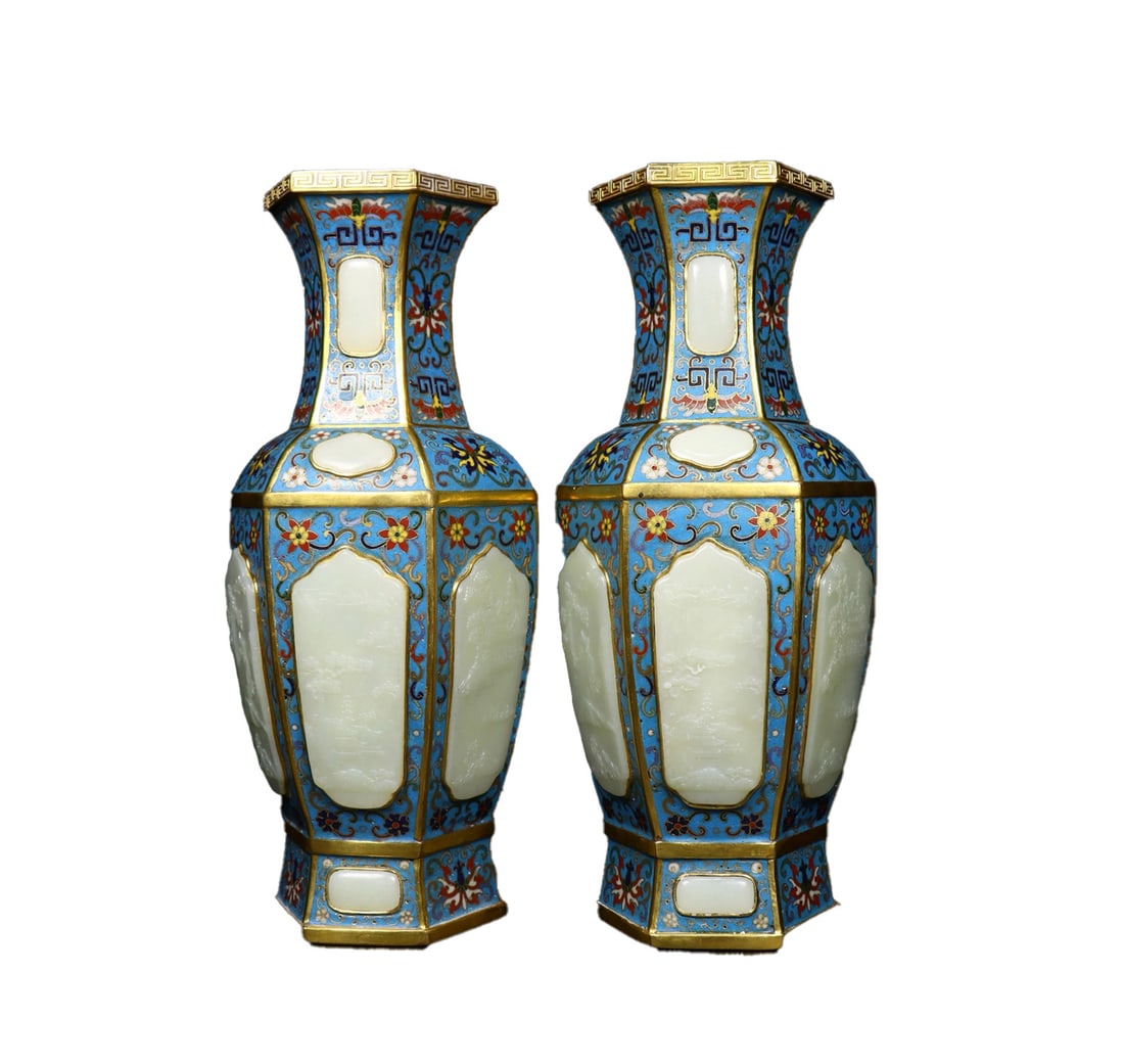 A Pair Superb Old Chinese Gilt Gold Copper Cloisonne Inlay Hetian Jade Vases