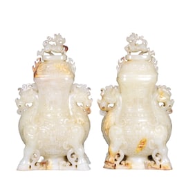 A Pair Superb Chinese Hetian Jade Carved Fortune Beast Vases
