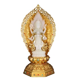 Exquisite Chinese Hetian Jade Carved Kwan-yin Statue w Gilt Gold Copper Base