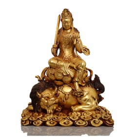 Superb Old Tibetan Gilt Gold Copper Manjushri Bodhisattva Statue