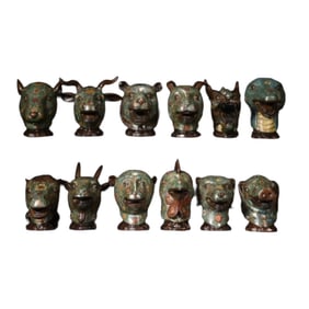 A Set Vintage Chinese Copper Cloisonne 12 Zodiac Statues