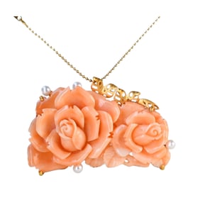High Quality 18K Gold Inlay Red Coral & Diamond Flowers Pendant