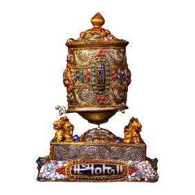 Tibetan Silver Wires Inlay Gem & DZI Agate Prayer Wheel