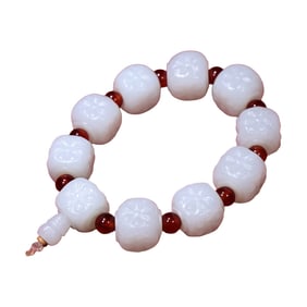 Superb Chinese Natural White Hetian Jade Flower Beads Bracelet