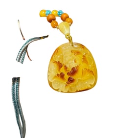 Beautiful Beeswax Carved Peony Pendant w Hand Woven Beads Necklace