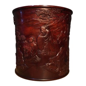 Antique Chinese Huanghuali Wood Low Relief Sages Meeting Design Brush Pot