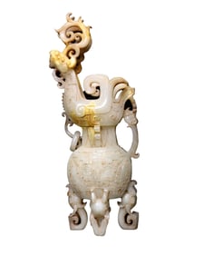 Superb Vintage Chinese Hetian Jade Carved Fortune Dragon Pot