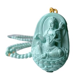Exquisite Turquoise Carved Kwan-yin Pendant Hand Woven Beads Necklace