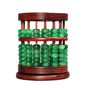 Vintage Chinese Rosewood & Green Jadeite Beads Abacus Brush Pot