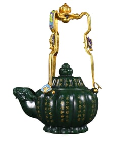 Superb Chinese Green Hetian Jade Carved Fortune Sheep Teapot