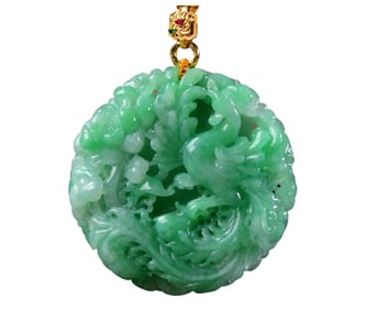 Exquisite Jadeite Carved Phoenix & Peony Pendant w Hand Carved Jadeite Beads Necklace