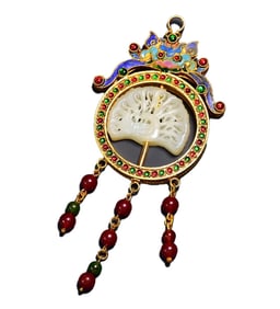 Chinese Gilt Gold Copper Enamel Inlay Gem & Hetian Jade Pendant