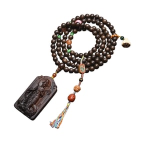 Superb Old Chinese Chenxiang Wood Carved Kwan-yin Pendant w Hand Woven Beads Necklace