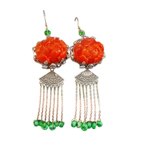 A Pair Beautiful 925 Sivler Inlay Jadeite Flowers Earring