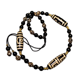 Old Tibetan Four Eye DZI Agate Lucky Pendant w Hand Woven Necklace