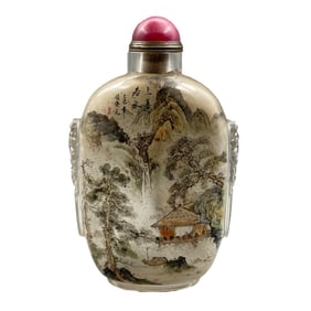 Old Chinese Peking Glass Inside Painting Mountain River Scene Design Snuff Bottle w Stopper