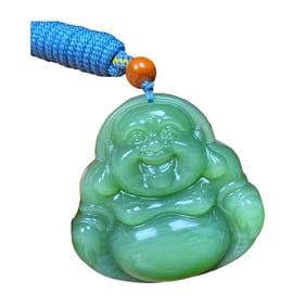 Superb Chinese Green Hetian Jade Carved Laughing Buddha Pendant