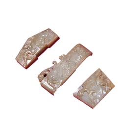 A Set Superb Vintage Chinese Hetian Jade Carved Chi Dragon Sword Ornament