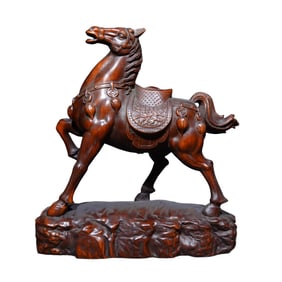 Vintage Chinese Boxwood Wood Carved Fortune Horse Statue