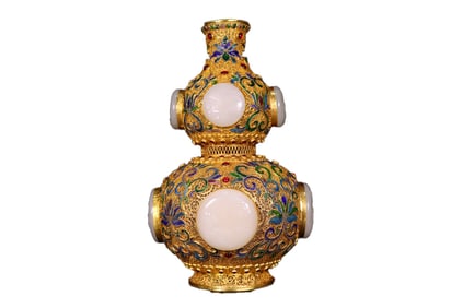 Exquisite Chinese Gold Wires Enamel Inlay Hetian Jade & Gems Gourd Vase