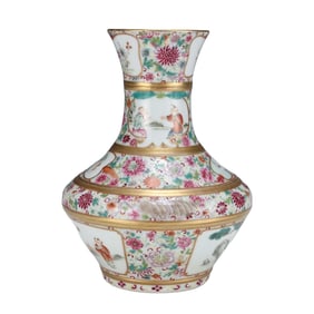 Chinese Qing Dynasty Gilt Edge Famille Rose Figure Design Porcelain Vase