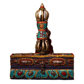 Old Tibetan Gilt Gold Copper Inlay DZI Agate & Turquoise & Gems Pestle Xiangmo Statue w Box