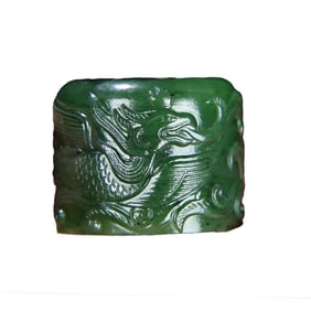 Superb Chinese Green Hetian Jade Low Relief Phoenix Thumb Ring