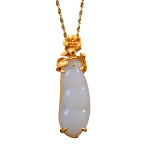 Chinese 925 Silver Inlay White Hetian Jade Carved Pea Pod Pendant