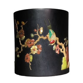 Vintage Chinese Zitan Wood Inlay Shoushan Stone Plum Flower & Magpie Brush Pot